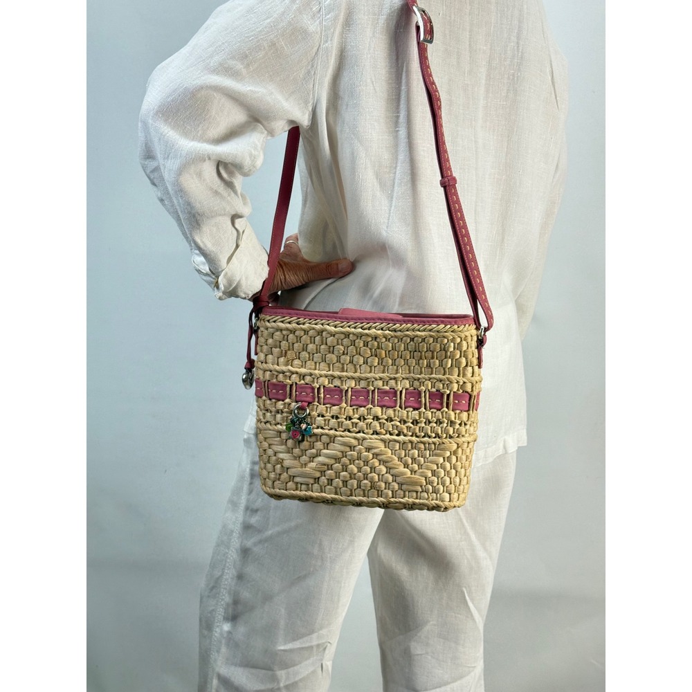 Brighton Carmella Straw Crossbody Bag Pink Leather Trim Woven Raffia Summer